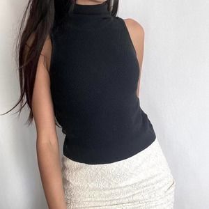 1990s Versace Sleek Bodycon Black Sleeveless Textured Turtleneck Top